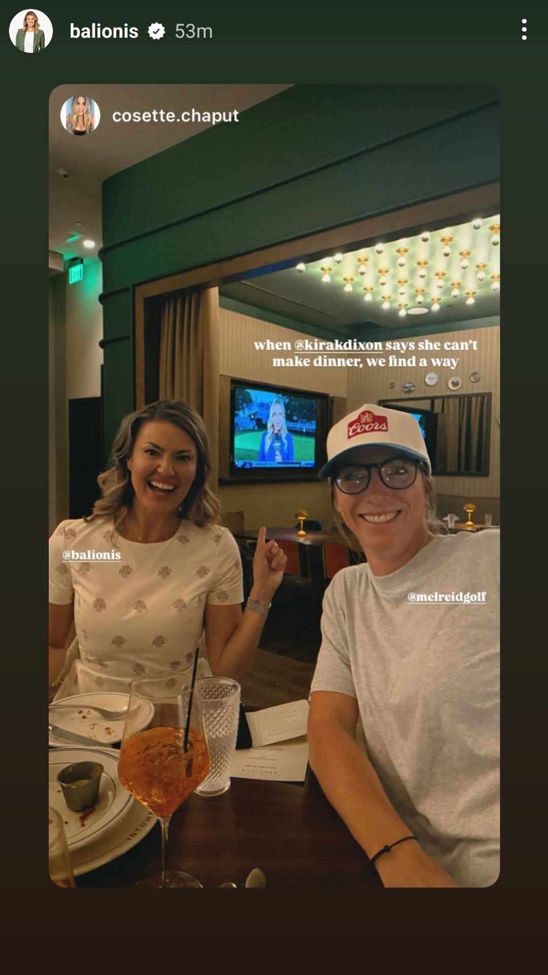 Amanda Balionis reposted Cosette Chaput's story - Source: Instagram @balionis